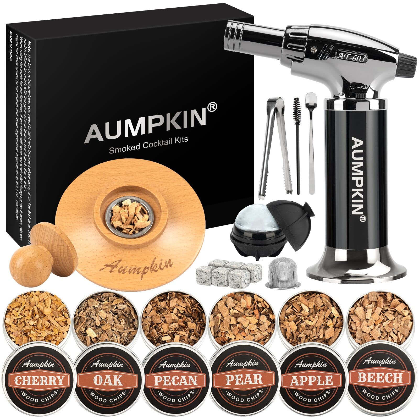 Kit ahumador de cóctel con antorcha - 6 sabores de virutas de madera - Bourbon, kit de infusión de ahumador de whisky, kit de ahumador de bebidas a la antigua, whisky bourbon de cumpleaños para hombres (sin butano)